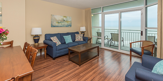 Our Oceanfront Two Bedroom Suite includes four full beds and one queen sleeper sofa situated in the spacious sitting area. The private, oceanfront balcony will allow you bask in the Myrtle Beach sun. The suite also features a fully-equipped kitchen, two baths, dishwasher, and washer and dryer for added convenience.