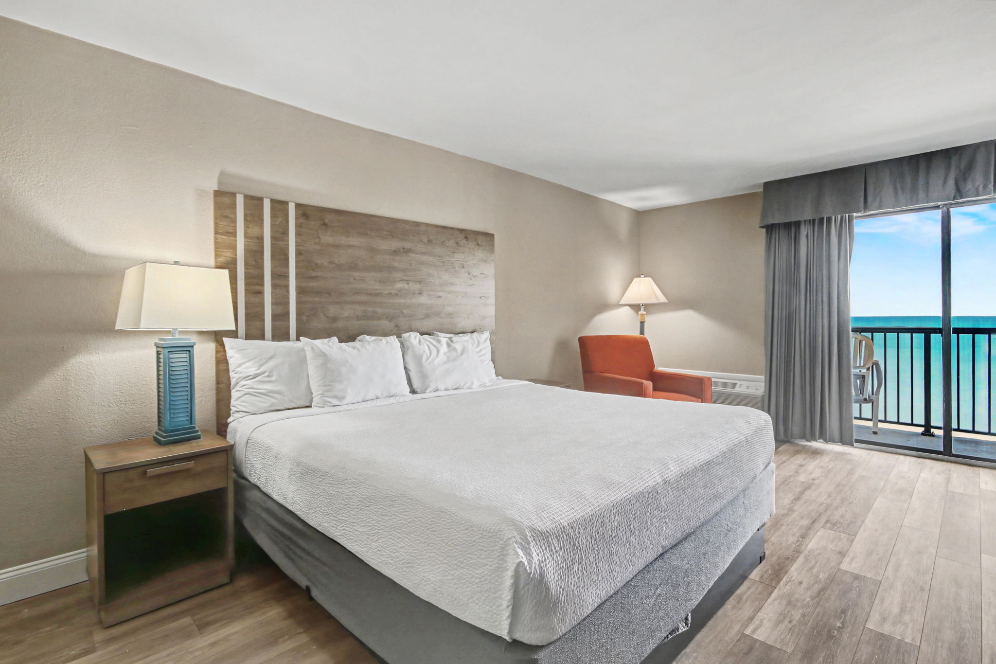 This newly renovated oceanfront room includes king bed and 1 bathroom. Featuring a private balcony with a beautiful oceanfront view, our Oceanfront King Efficiency Room also includes a microwave, small refrigerator, cook top, and sink for your convenience.